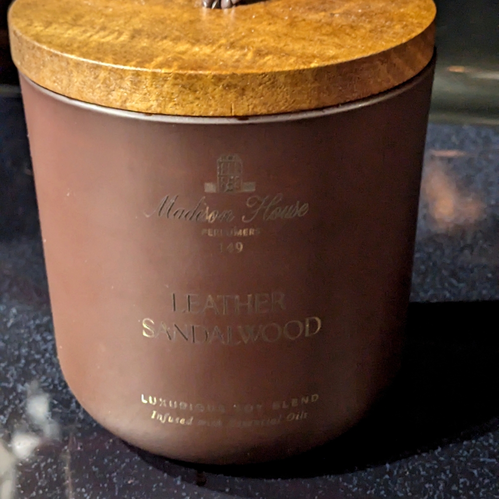 Madison House Perfumers 149 Leather Sandalwood Candle 12 oz Jar, Double Wicks